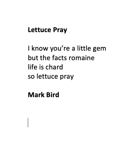 Lettuce Pray

I know you’re a little gem
but the facts romaine
life is chard
so lettuce pray ...

Mark Bird