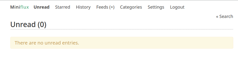 Miniflux RSS reader with zero unread articles. "There are no unread entries."