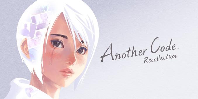 Illustrated image of a white-haired girl, with photographs superimposed in her hair. The girl is shown to be crying. To the right of the illustration is text that reads: "Another Code TM Recollection".