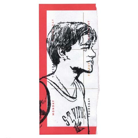 Pen drawing of a young Leonardo DiCaprio wearing a basketball uniform drawn on a torn weekly planner.
