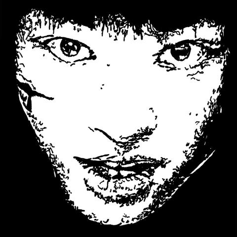 Pen drawing of a close-up of a young Japanese woman’s face partially scarred and looking crazed drawn on a black background.