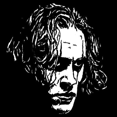 Pen drawing of Brandon Lee looking angry with his hair hanging in his face drawn on a black background.