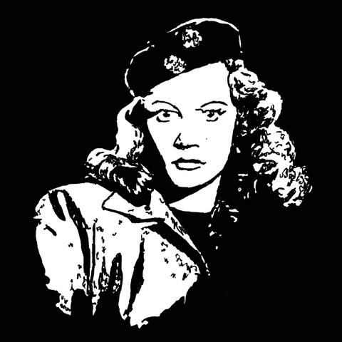 Pen drawing of a woman wearing  a jacket and a beret with a nervous look on her face drawn on a black background.