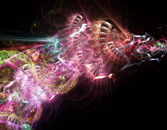 A narrow spiral of cosmic embers of rosy lights with metallic spirals in the darkness.