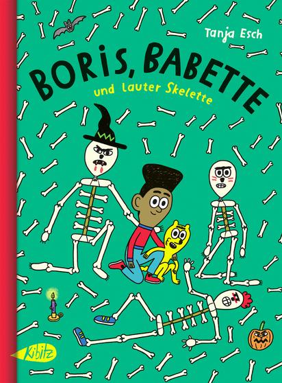 Cover des Buches "Boris, Babette und lauter Skelette", darauf zu sehen folgende Szene:

Ein freundlich blickender Junge kniet neben einem kleinen gelben und gut gelaunten Wesen, vor ihnen liegt ein ausgestrecktes Skelett, leicht versetzt hinter ihnen knien zwei weitere Skelette, einem tropft Blut von den scharfen Zähnen.