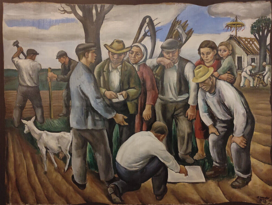 Das werk Landaufteilung von Arno Mohr. Man sieht Werktätige und Bauern auf einem Acker stehen. eine Ziege und ein neu gebautes Haus im Hintergrund. eine Person zeigt auf einem Plan am Boden Stil: Sozialistischer Realismus