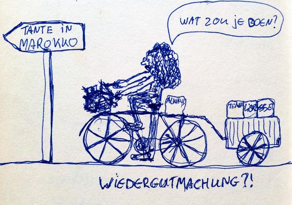 Blauw wit tekening/schets. Een persoon met lang gekruld haar op en fiets met een karretje aangehaakt. Op de bagagedrager als in het karretje pakketten met titels als: Always, Libresse, Tena. Links van de tekening een bord met daarop de tekst: `Tante in Marokko.` De persoon zegt: `Wat zou je doen?` Onderschrift: `Wiedergutmachung?!`