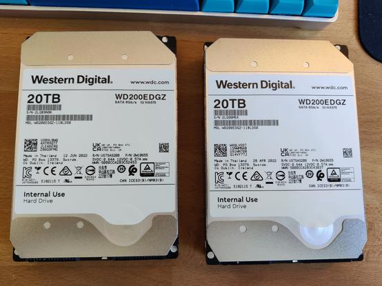 Two Western Digital 20TB WD200EDGZ internal hard drives on a desk.