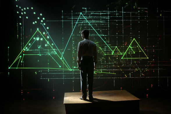 Generated by AI. A person looks at lines of data connected by triangles and circles.