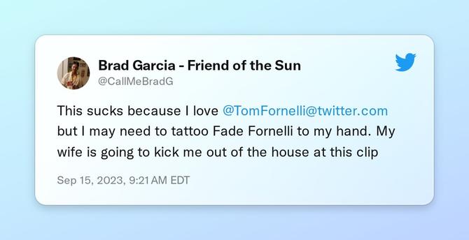 This sucks because I love @TomFornelli but I may need to tattoo Fade Fornelli to my hand. My wife is going to kick me out of the house at this clip