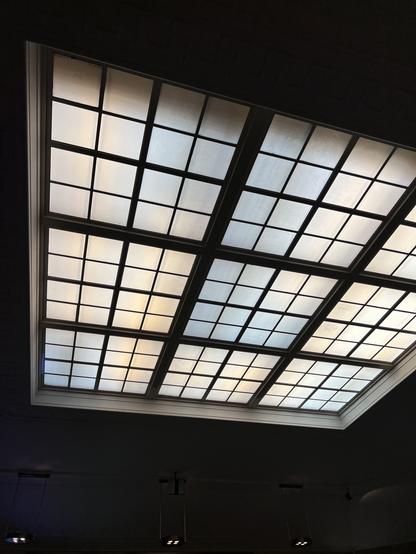 Skylight comprised of multiple frosted window squares across a whole ceiling