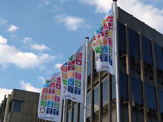 Drei Fahnen mit den 17 Zielen für nachhaltige Entwicklung wehen vor dem Rathaus Bielefeld.