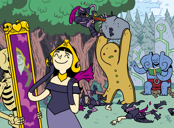 In a very cartoony style: IN the foreground Liliana looks are herself in a magic mirror being held by a skeleton. In the background Karn sits on a tree stump reading a book. IN the middle ground black knights fight a giant gingerbread golem who is smashing them with a rock that has a sword stuck in it (a knight is trying to pull it out). This is in a forest.