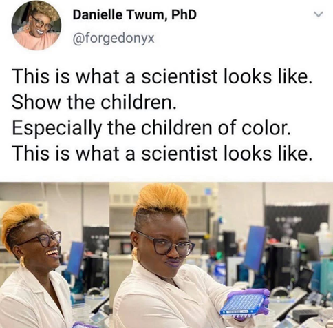 Social media post by Danielle Twum, PhD (@forgedonyx), whose avatar is of a Black woman with large glasses, bleached hair in a curly up-do, and wearing a salmon-hued top and large hibiscus earrings

"This is what a scientist looks like.
Show the children.
Especially the children of color.
This is what a scientist looks like. 

Accompanied by two images: The left is of a Black woman (presumably Dr. Twum) in a lab coat, in a lab setting, laughing; the second is the same woman looking at camera with a fierce expression that says "I belong here, what you gon' do about it?"  (The hairdo is switched to a mohawk, contributing to the ferocity.)