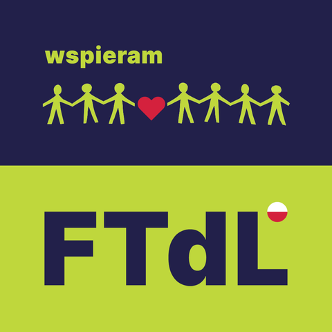 Kilka ludzików trzymających się za ręce, społeczność, między nimi czerwone serce i napis "wspieram FTdL"