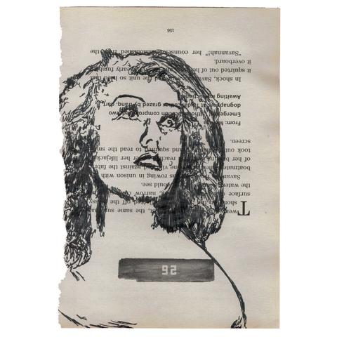 Pen drawing of Fay Wray looking upward with a scared expression on her face drawn on a torn-out book page.