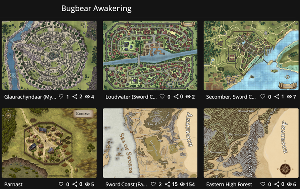 Screenshot of the mapmaking software inkarnate showing 6 maps of villages, towns and regions of the Forgotten Realms