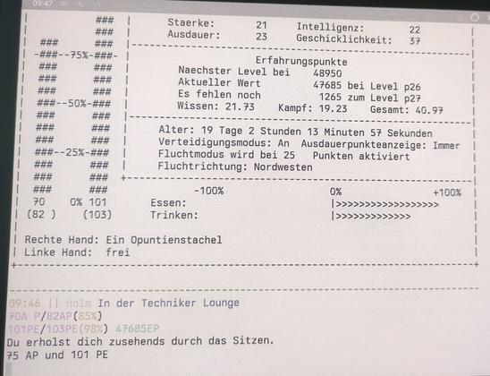 Screenshot des beschriebenen Spiels. Dargestellt wird die aktuelle Spielerstatistik mit Energieleveln und Punktestand, Levelinformationen sowie Nahrungsstand und gewählter Bewaffnung.