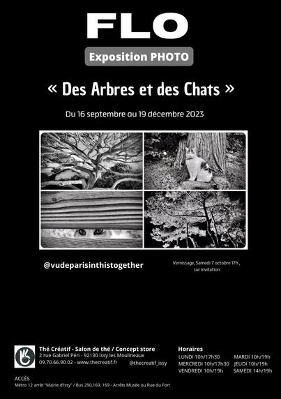 Black and white photo. Poster with information on the exhibition mentioned in the caption. 4 photos on a black background.