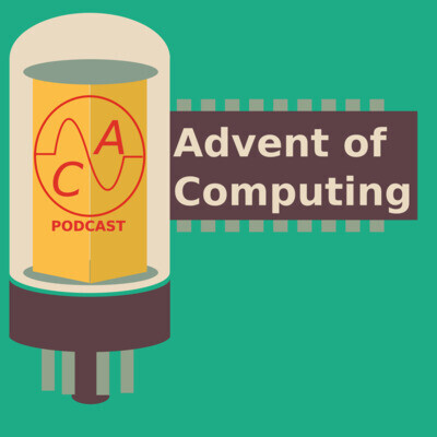 The 'Advent of Computing' podcast logo. It uses six flat colours, reminiscent of silkscreen and mid-century poster design. On a mint-green background, a stylised electronic tube (valve) viewed side-on  on the left butts up against a stylised 1970s era silicon chip package, viewed from the top (pins pointing away from us). The valve's yellow core displays a waveform in a circle, both red, with the red text "A C Podcast" superimposed. The brown top of the chip package shows the text "Advent of Computing" in the Verdana typeface.