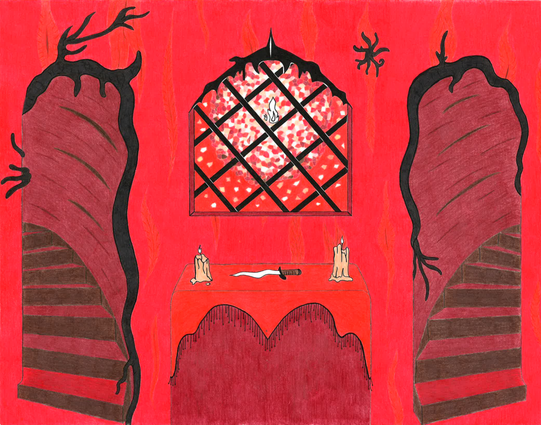 Art piece: colored pencil and ink. View close to the wall of an organic-looking (as in, the wall might be made of flesh) and very, very RED room. In the center is a window with diagonal panes and a fancy cornice at the top, behind which is a burning flame. The flame is surrounded by scintillations like multicolored cracked glass. Below the window is a cloth-covered table or altar with two lit candles and a ceremonial knife sitting on it. Two curving stairwells appear to the left and right; they are framed by dark brown roots or tendrils.
