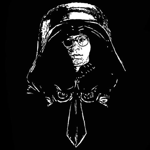 Pen drawing of Rick Moranis wearing a comically oversized sci-fi helmet drawn on a black background.