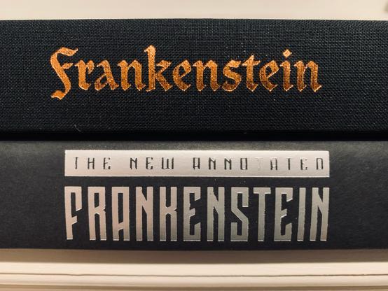 Pictured are the spines of hardback editions of Frankenstein. Photo by AHS.