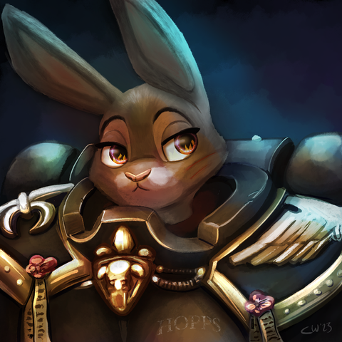 A portrait-style painting of Judy Hopps, zootopia's rabbit cop, in the powered armor of Warhammer 40k's Sisters of Battle, looking scarred and older, with flames of war reflected in her purple eyes