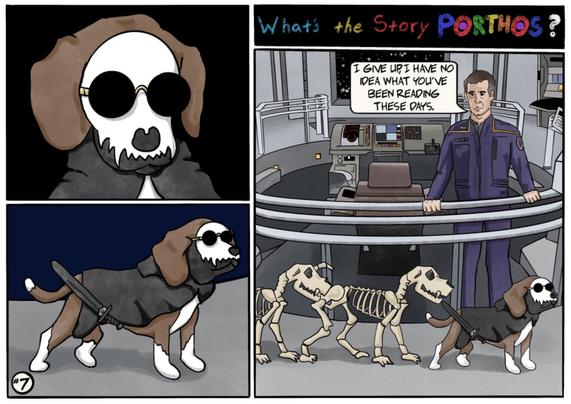 Panel 1: Close-up of the head and shoulders of a Beagle in a black cloak, face painted as a skull, wearing sunglasses.

Panel 2: Same Beagle viewed in profile of entire body, we see that he is also wearing a sword in scabbard.

Panel 3: Zoomed out to the bridge of the Enterprise NX-01 with captain Archer looking down on the Beagle who is being trailed by two skeleton dogs. Archer says, “I give up, I have no idea what you’ve been reading thse days.”