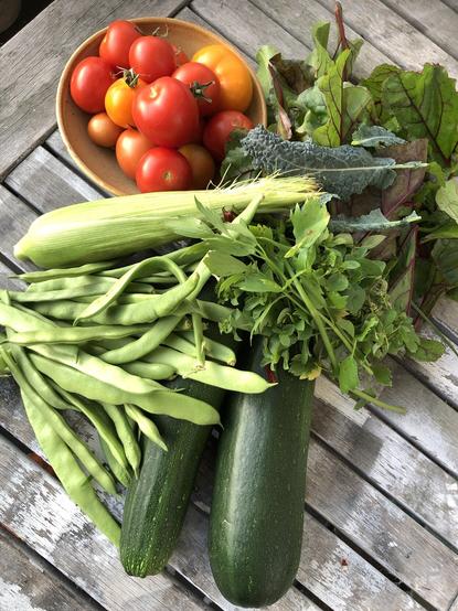 Färska grönsaker på ett slitet träbord. Man ser bla tomater, skärblnor, majs, kål, zucchini