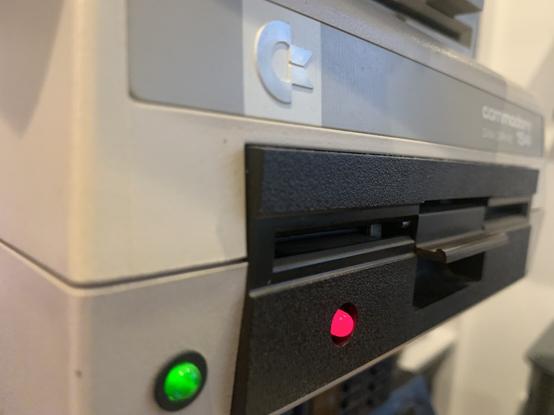 Closeup of the 1541 with ALPS mechanism. Both power and drive activity LED lit.