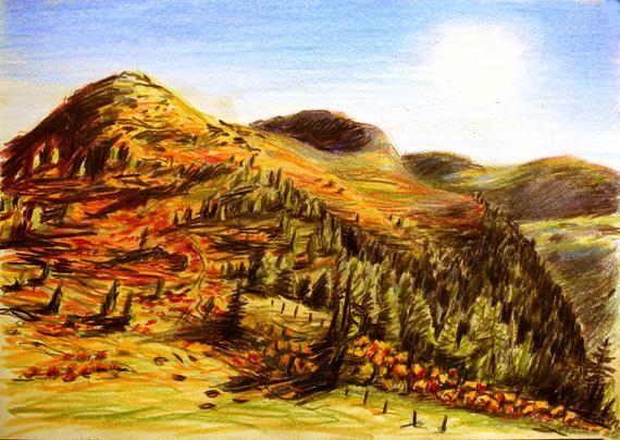 Von rot verfärbten Preiselbeerbüschen überzogene Berglandschaft mit blauem Himmel und fahler Sonne.