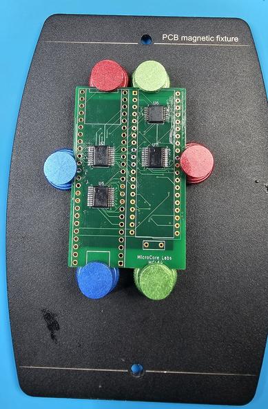 A green pcb with the smd logic chips soldered on.