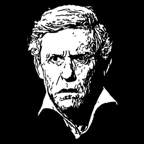 Pen drawing of Roddy McDowall with a perturbed look on his face drawn on a black background.