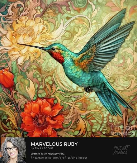 This is an image of a Ruby Throated Hummingbird flying around some autumn mums!