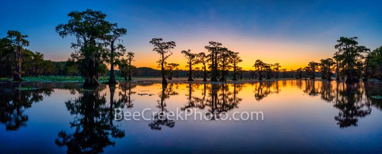 Caddo Lake Sunrise Panorama - 20 min before sunrise the sky was just starting to light up with some wonderful colors against a silhouette of cypress trees in the lake in this pano.