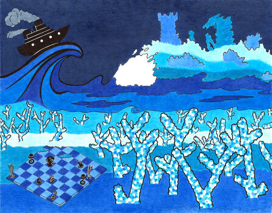 Art piece: colored pencil and ink. A horizontal view, half-underwater, half-overwater, of the "beach" of a coral atoll. Everything is rendered in brilliant blues. Above the water, the atoll in the distance rears up into shapes that somewhat resemble chess pieces: a castle, a knight, a pawn. Surf crashes against one side of the atoll; a steamship is riding the crest of a wave toward it. Below the water, the branching hard corals are visible close up; they have multicolored, faceted surfaces, like cracked glass. A chessboard also lies on the sea bottom, partly covered by coral crust. The board is set in the midst of play, but not with the traditional pieces; these pieces resemble paws, hands, tentacles, tree stumps, and other oddities.