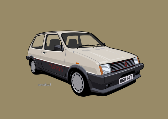 A digital illustration of an MG Metro Turbo car in a beige colour