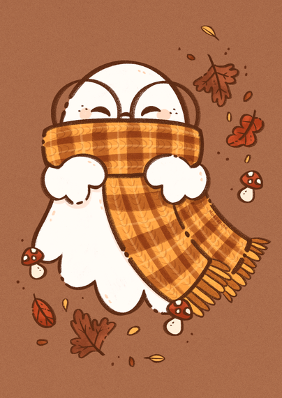 A digital illustration of a ghost wearing a big yellow checkered scarf! It is surrounded by autumn leaves and little mushrooms