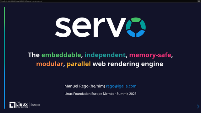 Title slide for the talk "Servo: The embeddable, independent, memory-safe, modular, parallel web rendering engine" by Manuel Rego