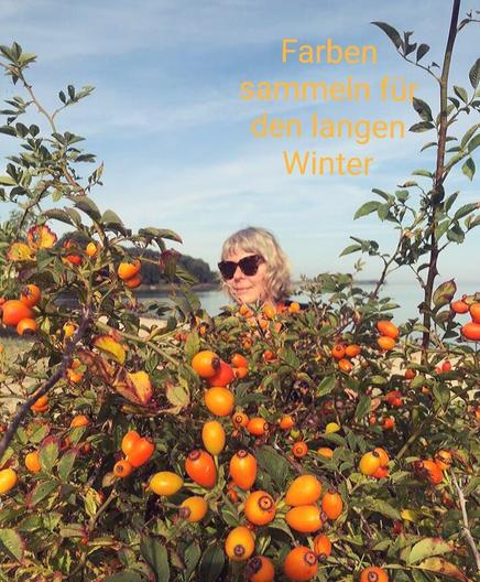 Lost in Hagebutten.
Im Vordergrund eine große Menge leuchtend orangefarbener Hagebutten. Im Hintergrund myself und die Ostsee.