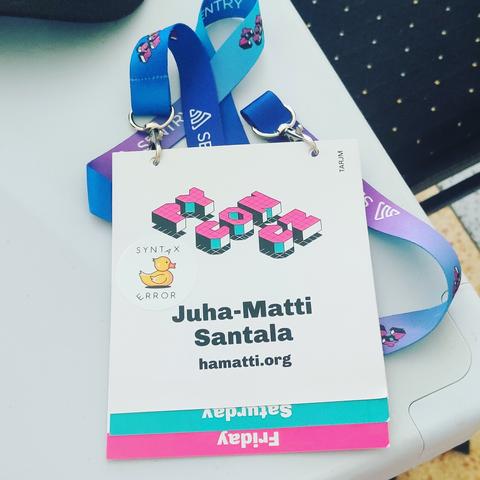 A PyCon CZ conference badge for Juha-Matti Santala