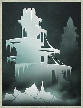 Image from Sunless Sea - location card for Frostfound. Abstract/minimalist art of a strangely shaped castle, covered in greenish-white ice, rising from the ocean. An iceberg occupies the lower foreground.
