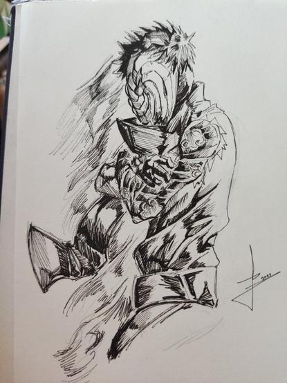 Fanart of Tobi from Naruto, posing with his arms crossed and showing a japanese style sleeve tattoo with clouds