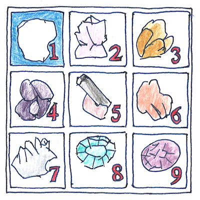 Drawing of 9 minerals illustrating Mohs hardnesses 1 through 9, in a 3 by 3 grid