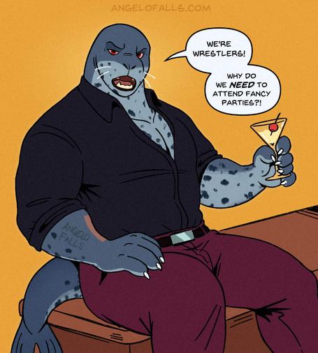 A drawing of an anthro leopard seal, wearing a black button up shirt tucked into burgundy pants, sitting on a platform, while holding a wine glass

Dialogue: We're wrestlers! Why do we even NEED to attend fancy parties?!