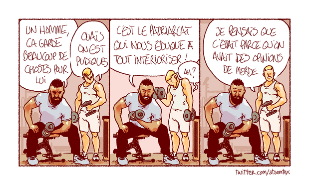 On est à LA SALLE. De fiers mâles musculeux portent des charges lourdes de manière répétitive, dans l’espoir de galber leur corps. Le premier : « Un homme, ça garde beaucoup de choses pour lui. » Le second : « Ouais, on est pudiques. » Le premier : « C’est le patriarcat qui nous éduque à tout intérioriser ! » Le second, surpris : « Ah ? Je pensais que c’était parce qu’on avait des opinions de merde. » [fin]
-- Eeeeet c’est la fin des rediffusions, on est désormais à égalité avec les réseaux sociaux marchands. Dorénavant, tout ce qui sera posté ici sera 100 % inédit. Et tiens, je vais même poster sur Masto en avant-première pour vous récompenser d’être si mignons.