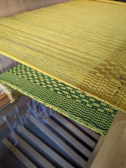 The left selvedge of a handwoven towel shows a black section wound on the cloth beam, a green section under the weaving and gold in progress around the breast beam to the fell. The dimensions under tension will be rectangular for a wide cotton kitchen towel. The high contrast colours are graphic on a yellow warp.