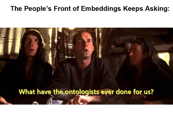 The people’s front of embeddings keeps asking: What have the ontologists ever done for us? Nice allusion underlined by a picture from the Monty Pythons movie The Life of Brian