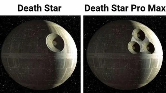 side by side pic of death star and death star pro max. death star has one laser dimple.  ds pro max had 3 laser dimples.